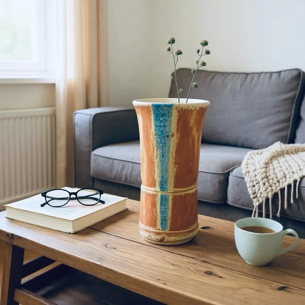 Handmade Vintage Scandinavian Rustic Ceramic Vase – Brown & Blue Glazed Pottery
